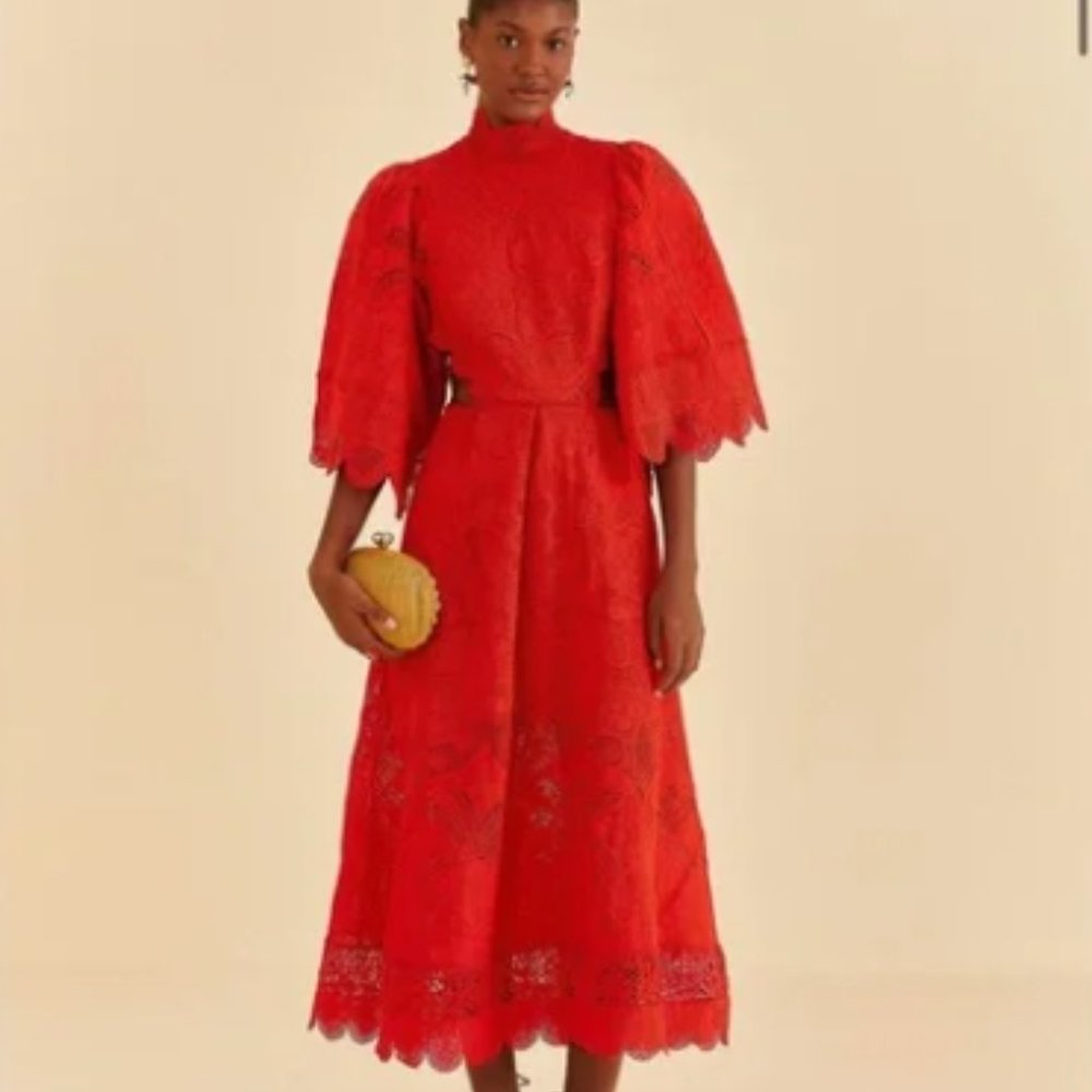 Farm Rio Red Guipure Cut Out Midi Dress